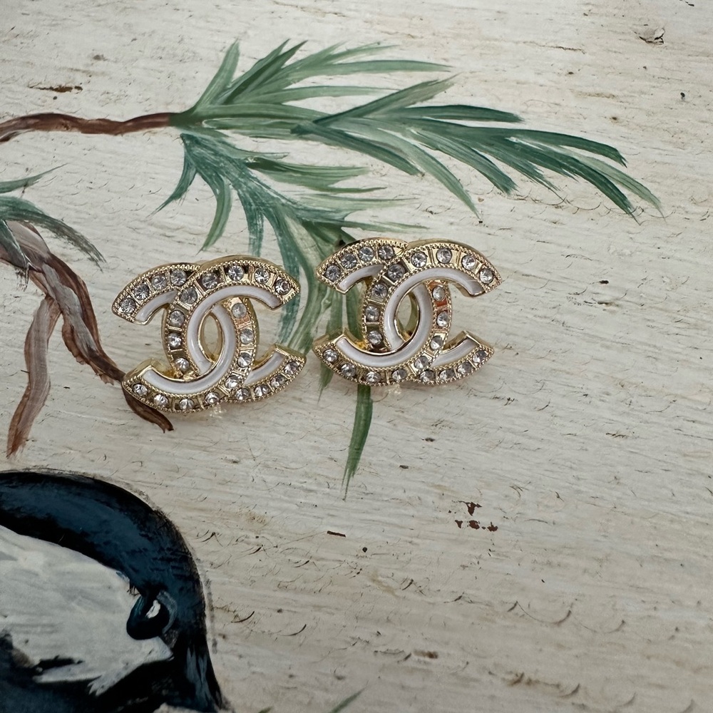 CHANEL Gold and Silver Crystal Logo Earrings